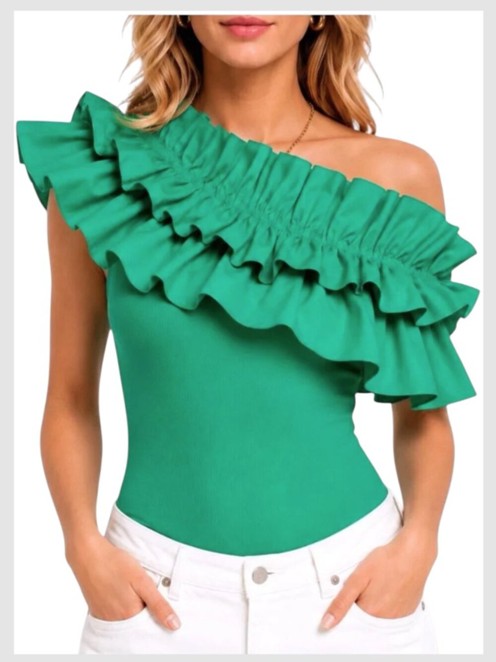 Zara One Shoulder Ruffle Ribbed Bodysuit Emerald Green Asymmetrical M